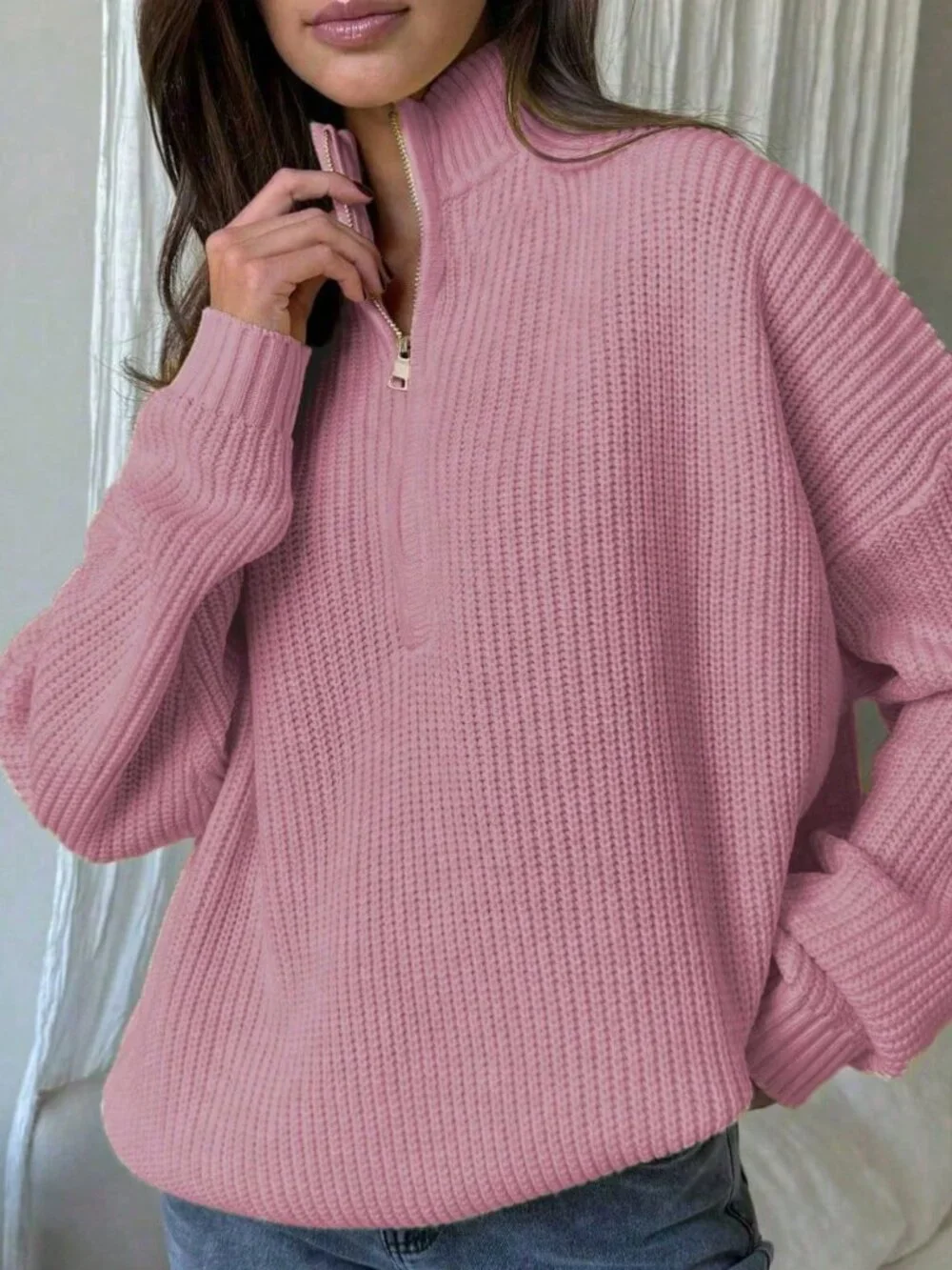Light Pink Casual Womens Ribbed Loose Stand Collar Half-Placket Pullover Sweater